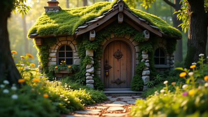 Fototapeta premium Picturesque Stone Storybook Cottage with Lush Green Moss Roof and Rustic Wooden Door, Surrounded by Wildflowers and Verdant Foliage in an Enchanted Forest bathed in Golden Sunlight, Perfect for Fantas