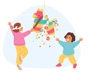 Children play pinata. Happy kids smashing toy with sticks. Mexican party game. Pony figure with confetti or sweets. Falling gifts from paper donkey. Holiday celebration fun. Vector concept