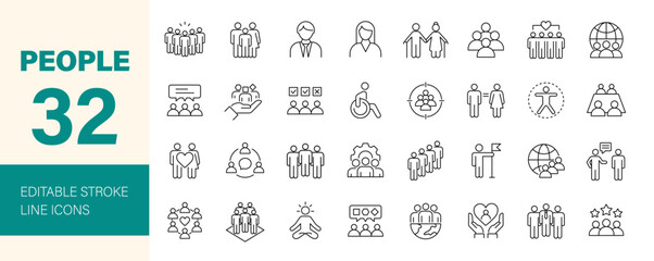 People icon set. Containing group, family, human, team, community, friends, senior, diversity, population, disabled, equal and more. Editable line icons. Vector illustration.