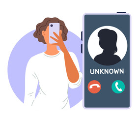 Anonymous woman hides behind smartphone with unrecognizable profile. Unidentified incoming caller. Telephone communication. Number identification. Stranger connection. Vector concept