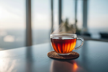 Enjoying Hot Tea in Glass Cup with Steam on Table Indoors, motion blur Business concept, motion bokeh background