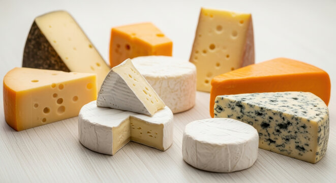 Assorted gourmet cheese selection with brie, blue, swiss, cheddar, and camembert on light wooden table
