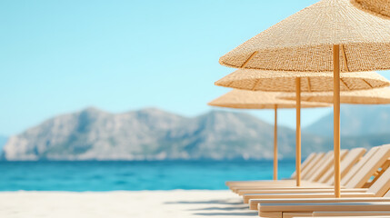 Obraz premium Tranquil beachfront with straw umbrellas and sunbeds, mountain view. Relaxation and vacations in a serene coastal paradise.