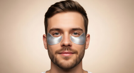 Young man with beard applying silver under eye patches for skincare treatment against fine lines and puffiness