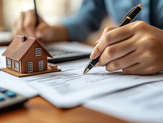 Woman signing mortgage documents with house model