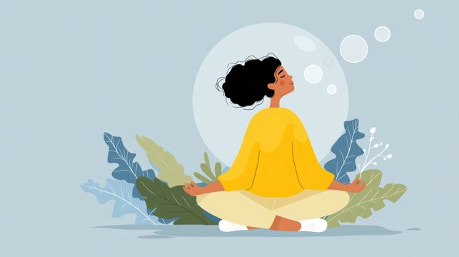 A woman sits cross-legged, eyes closed, engaging in breathing exercises amidst green foliage. Bubbles float around her, creating a calming and meditative atmosphere