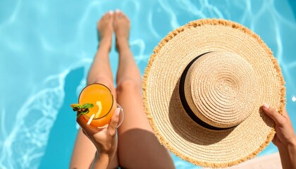 Top view: female legs dipped in turquoise pool water, nearby &mdash; straw hat and cocktail, bright sunlight, clean, sharp photo with no blur and no text.