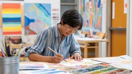 In a colorful studio, a young person focuses intently on creating artwork, using a paintbrush to express emotions during a therapeutic art session aimed at alleviating depression