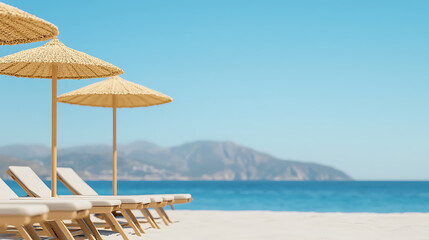 Beachside Relaxation: A serene view of straw parasols and beach loungers on a white sandy beach, with the ocean and distant hills under a clear sky.
