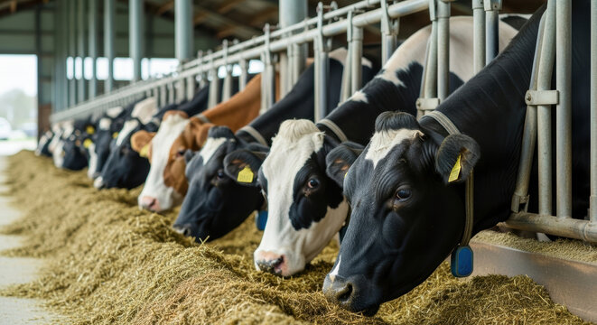 Holstein dairy cows eating fresh hay in a modern barn with sunlight filtering through open sides