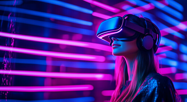 Woman in vr headset neon lights metaverse