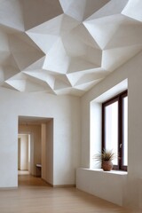 Modern interior design showcasing geometric ceiling and minimalist aesthetics