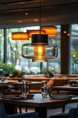 Transparent glass lamp in the center of a modern restaurant