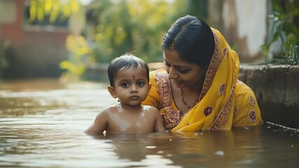 Indian woman bathing baby in river, traditional scene of rural life in India, hygiene procedures in poor areas of India