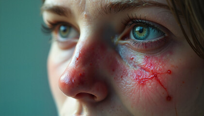 Woman with facial injuries and emotional expression in close-up view  