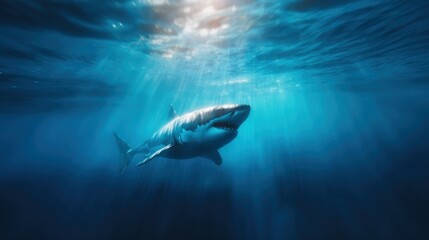 Fototapeta premium This stunning underwater image captures a majestic shark gliding through the ocean depths, illuminated by sunlight filtering down from above, emphasizing marine beauty.