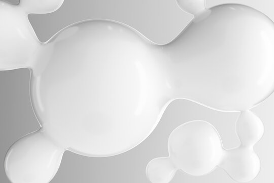 3D illustration of glossy white molecules on a light background. Abstract concept of medicine, skincare ingredients, or scientific innovation. Clean, modern, and minimal design.