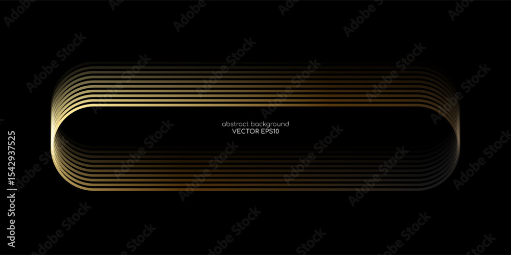 Poster Vector abstract banner design with glowing curved gradient lines in yellow gold tones on black background, modern technology concept template with rounded rectangular frame layout