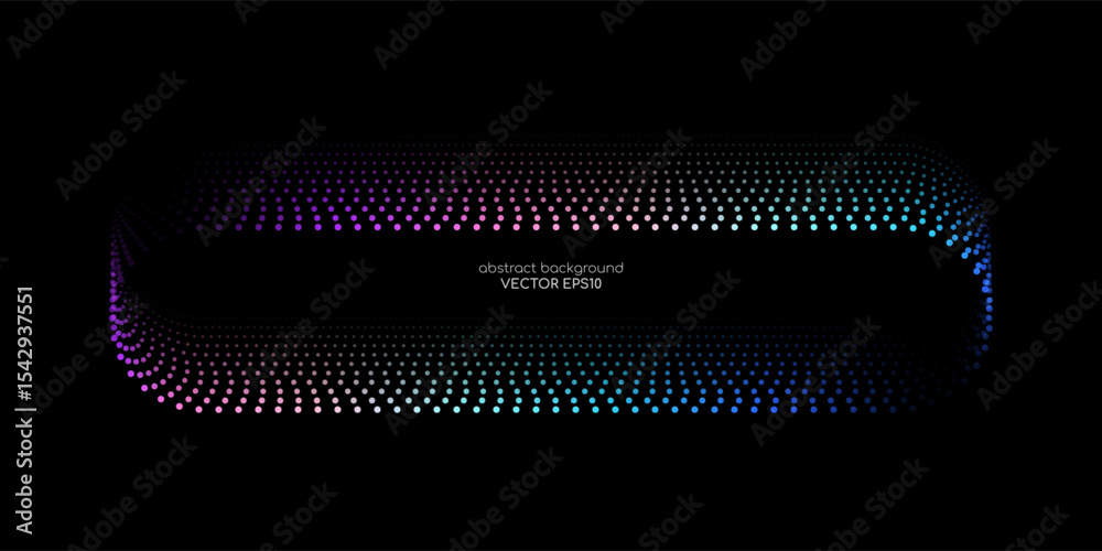 Poster Vector abstract banner design with glowing curved gradient dots line in neon blue and purple tones on black background, modern technology concept template with rounded rectangular frame layout