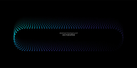 Vector abstract banner design with glowing curved gradient dots line in neon blue and green tones on black background, modern technology concept template with rounded rectangular frame layout