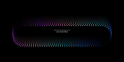Vector abstract banner design with glowing curved gradient dots line in neon blue and purple tones on black background, modern technology concept template with rounded rectangular frame layout