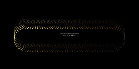 Vector abstract banner design with glowing curved gradient dots line in neon yellow gold tones on black background, modern technology concept template with rounded rectangular frame layout