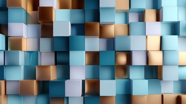 A visually striking wall of two-toned cubes in blue and bronze blends aesthetic appeal with contemporary design, ideal for modern interiors or artistic backgrounds in various creative fields.