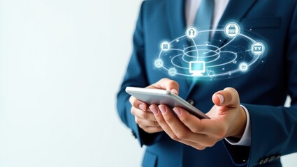 Person interacting with a smartphone displaying a network of digital service icons.