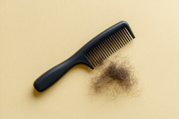 A black comb lies next to a clump of fallen hair on a pale yellow surface