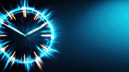 An artistic representation of a clock featuring dynamic glowing light effects in blue tones, symbolizing the passage of time and modern technology in a captivating way.