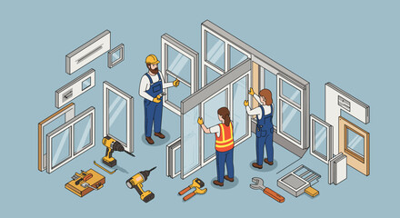Obraz premium Team collaboration in window installation and construction project vector illustration isometric
