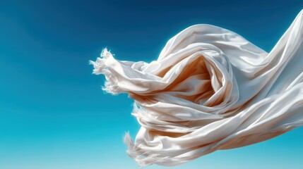 A billowing piece of white fabric dances in the air, set against a clear blue sky, symbolizing freedom and flowing emotions, creating a sense of lightness and tranquility.