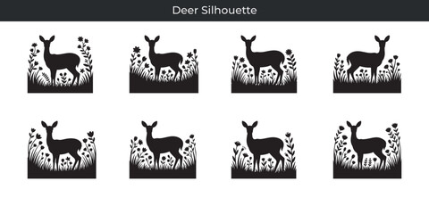 Obraz premium Elegant deer silhouette in a floral meadow featuring various nature elements and simple artistic design