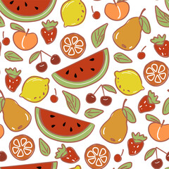 Fruit Seamless Pattern Hand Drawn Style. Tropical Fruits Colorful Cute Ornament. Trendy Contemporary Design Perfect for Fabric, Prints, Social Media, Textile, Invitations, Fabric, Design. Vector