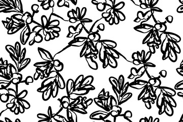 Fototapeta premium Olive Leaves Vector Seamless Pattern Hand Drawn Style. Minimalist Leaf Branch Background. Outline Floral Leaf Pattern. Nature Ornament. Botanical Design for Textile, Fabric and Wrapping Paper.