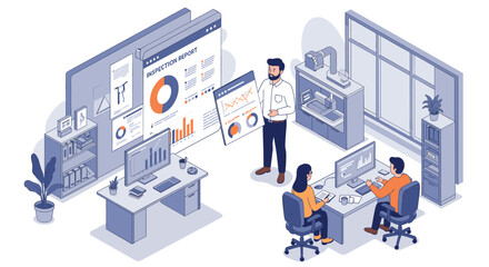 Collaborative office environment with data presentation and analysis for business strategy vector illustration isometric