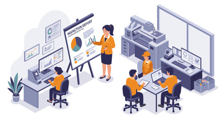 Collaborative office environment with business analytics and team discussion for efficient workflow vector illustration isometric