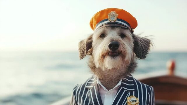 International dog day. A dog dressed as a ship captain with a striped suit and orange hat poses confidently on a boat by the water.