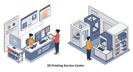Innovative 3d printing service center scene featuring designers and modern equipment vector illustration isometric