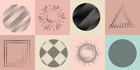Lines and dots in Circle Form .Rotate rounded shape Vector Illustration .Rotating dots form a circle .Rotating design element . Various lines forming round shape . Abstract Geometric line art .
