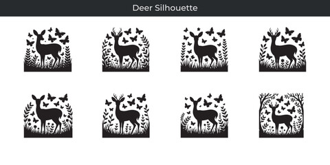 Elegant deer silhouette surrounded by butterflies and flora in a black and white style