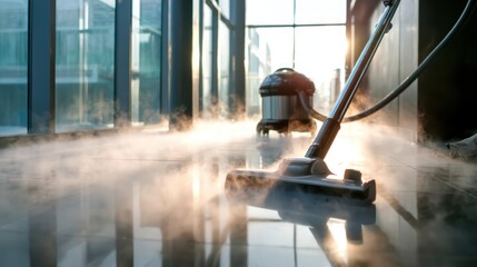 A vacuum cleaner is actively cleaning a modern building floor, with steam rising, showcasing the efficiency of cleaning technology in maintaining cleanliness and hygiene.