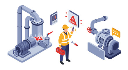 Industrial safety concept with engineer inspecting machinery systems for maintenance and hazard alerts vector illustration isometric