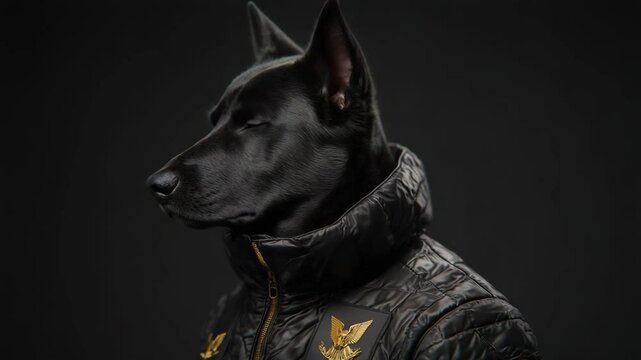 International dog day. A black dog wearing a shiny quilted jacket with gold eagle patches poses against a dark background.