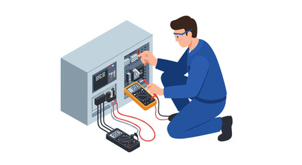 Technician performing electrical maintenance with multimeter for testing and calibration vector illustration isometric