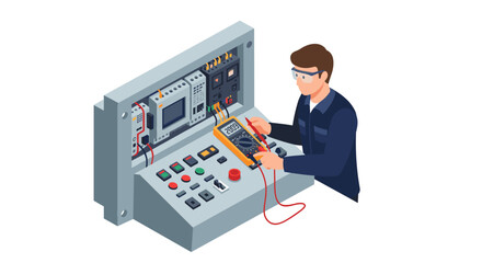 Electrician measuring voltage on control panel with multimeter for safety maintenance vector illustration isometric