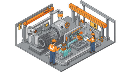 Fototapeta premium Industrial machinery maintenance and engineering with workers in safety gear vector illustration isometric