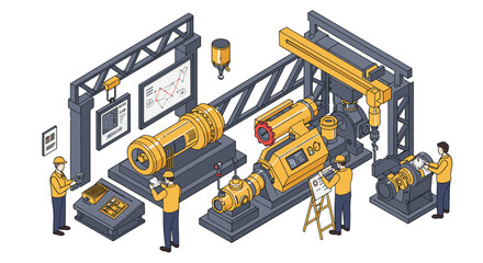 Industrial automation and engineering: workers managing machinery and equipment in a modern factory setting vector illustration isometric