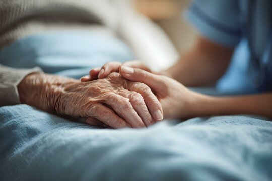 Close up nurse holding the hands of elderly woman - Powered by Adobe