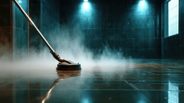 A steam cleaner is used on a shiny tile floor, showcasing the power of steam cleaning technology, with a dramatic atmosphere created by fog and lighting in the background.